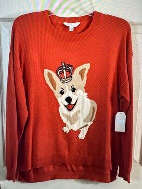 Corgi Women’s XL Sweater Coral Rhinestone Detail on Crown Apricot